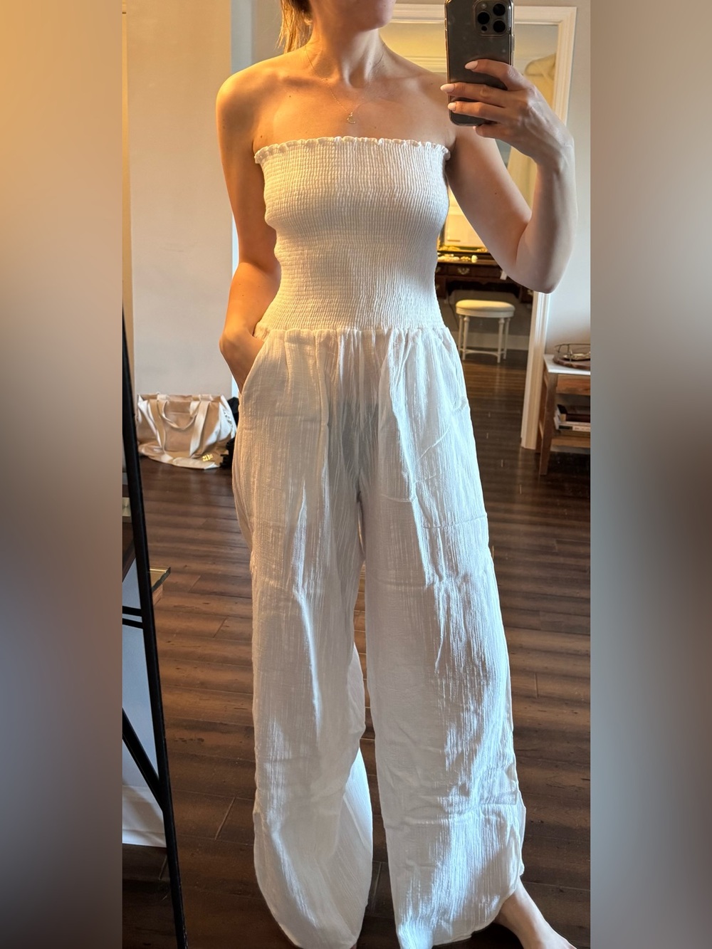 Peixoto White Strapless Smocked Wide-Leg Jumpsuit